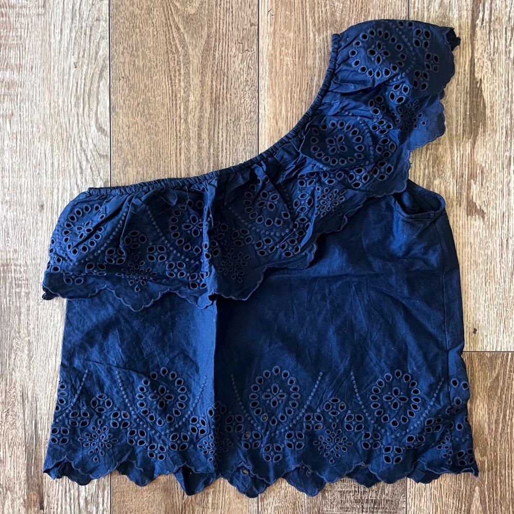 Abercrombie & Fitch Navy One-Shoulder Eyelet Crop Top